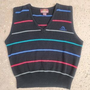 JORDACHE, vintage, medium sweater-vest. Black With Blue, Gray, And Teel Stripes